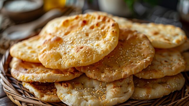 freshly baked shotis puri bread array on a woven platter, representing georgian cuisine with space for text