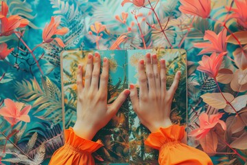 Hands touching a vibrant, tropical-themed open book with floral illustrations.