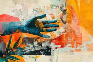 Fototapeta premium Hands touching a vibrant, tropical-themed open book with floral illustrations.