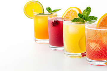 Fototapeta premium Four glasses of fruit juice with ice and mint, an orange summer drink in the background on a white isolated background, detailed, with natural light.