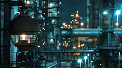 Nighttime Industrial Scene with Security Camera and Blurred Background - Photo