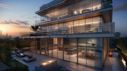 Fototapeta premium A sophisticated urban penthouse with a sleek glass exterior