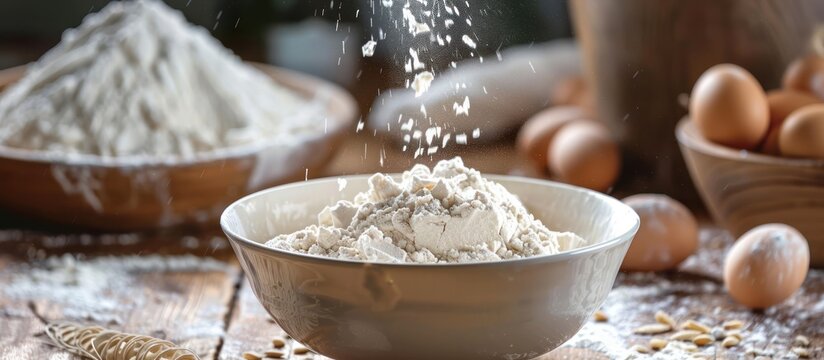 Flour Falling into Bowl on Wooden Table - Powered by Adobe