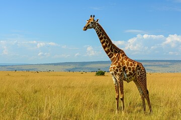 Obraz premium Giraffe standing tall in the African savannah with a clear blue sky.