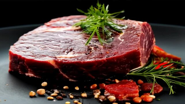Raw dry aged bison beef rump steak piece as close-up with herbs and spice on black background with copy space