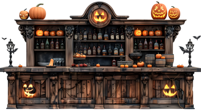 Halloween themed bar, spooky bar decorations, festive Halloween drinks, eerie pub atmosphere, holiday-themed cocktails, Halloween party bar setup, png file, isolated on white