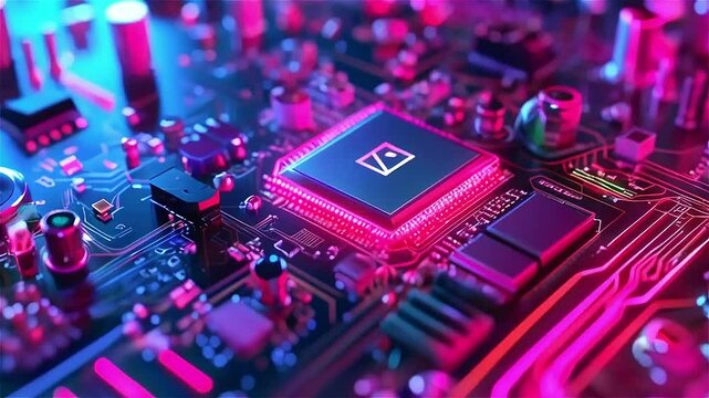 A close up of a computer chip with a red background. The chip is a microprocessor and is surrounded by a pink and purple background