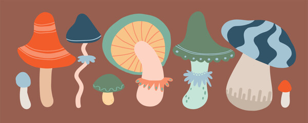 Illustration of various whimsical mushrooms in vibrant colors, including orange, blue, green, and beige. Each mushroom features unique shapes and patterns, creating a playful and artistic design.
