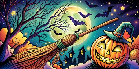 witch broom Halloween retro pop art background