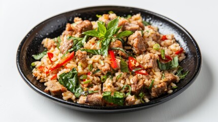 stir fried fried fish with basil and chili in thai style topped on rice. Generative Ai
