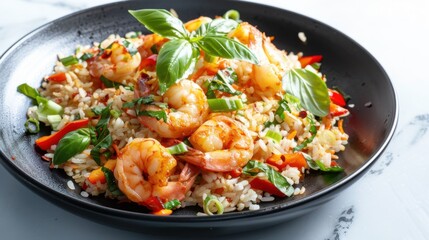 Fried rice with shrimp ,green Mussels and squid with thai holy basil .Top view