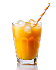 Orange juice with a straw and ice cubes in a faceted glass glass isolated on a transparent background. For the design of menus, fruit juice and food stores, cosmetics