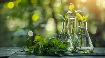 Investigation with flasks with plants. Concept of green chemistry