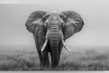 Naklejka premium Majestic elephant standing in the savannah with a cloudy sky backdrop.