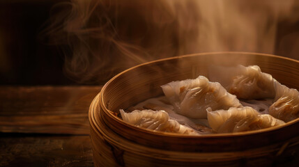 A close-up photograph of steamed dumplings in a bamboo steamer, translucent wrappers revealing a bit of the filling, garnished with minced ingredients