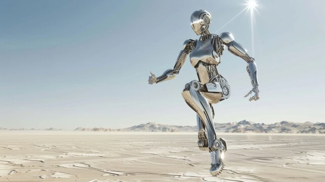 Futuristic female robot running in a desert landscape