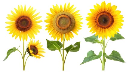 Sunflower Set Isolated on a White Background, Featuring Vibrant Yellow Petals and Rich Green Leaves for a Bright and Fresh Appearance