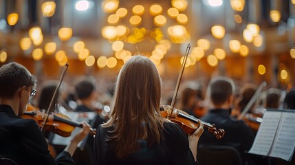 Fototapeta premium Defocused View of a Grand Symphony Orchestra Concert at the Slovak Philharmonic Hall