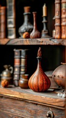 Vintage Bottles and Books on Wooden Shelf
