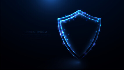 A shield icon a blue security technology icon. Shield protection icon. Data network security. Glowing wireframe, linear, line and mesh illustration vector