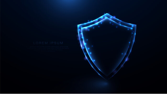 A shield icon a blue security technology icon. Shield protection icon. Data network security. Glowing wireframe, linear, line and mesh illustration vector