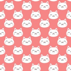 Cute drawing of a happy cat face, illustration in the style of a simple flat design, seamless pattern in the style of a cute and cheerful style, white on a coral background