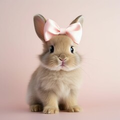 Obraz premium Easter Lovely White Rabbit with Pink Bow on pastel pink color Background,An adorable white rabbit wearing a pink bow, creating a charming scene on a white background