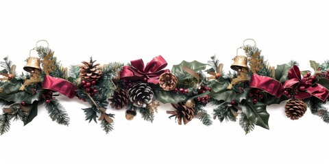 Festive Christmas garland with pinecones, red bows, and gold bells. Ideal for holiday decoration ideas and seasonal design inspiration.