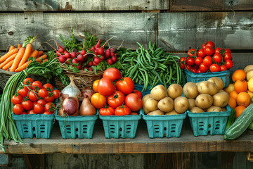 Rustic Wooden Table with Fresh Farm Produce - Green Beans, Tomatoes, Carrots, Apples, Oranges, Potatoes, and Onions, Neatly Arranged on Weathered Wood Surface for Inviting Commercial. Generative AI.