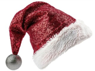 Festive red Santa hat with white fur trim and a silver pom-pom, perfect for Christmas holiday celebrations and seasonal decorations.