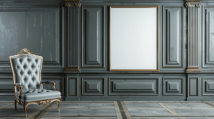 Ornate Throne In Grand Hallway With Dark Wood Paneling And Blank