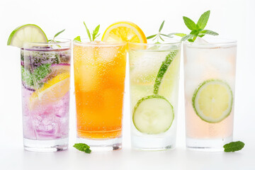 Fototapeta premium 4 glasses of different colorful cocktail drinks with ice, lemon, and other fruit slices and mint leaves on a white background, with , soft light, pastel colors, fresh and natural, vibrant colors...