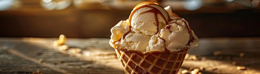 Delicious ice cream sundae in a waffle bowl, drizzled with caramel, captured in warm lighting on a rustic wooden surface.