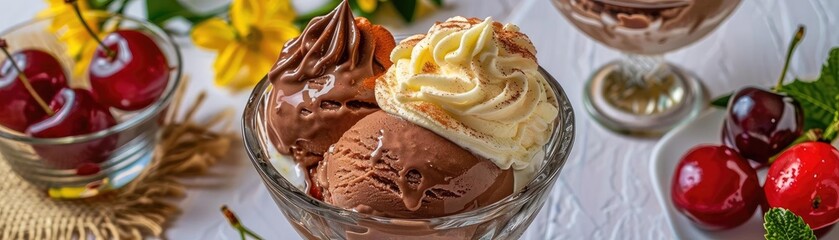 Delicious scoops of chocolate and vanilla ice cream in a glass bowl with cherries, set on a decorative summer table.