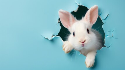 Obraz premium Curious Rabbit, White rabbit peeking through torn paper, Adorable Animal.