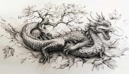 Obraz premium A detailed tattoo design representing a dragon entwined with a mystical tree, elaborate scales and leaves