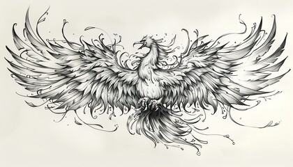 A detailed tattoo design representing a phoenix rising from the ashes, intricate feathers and flames