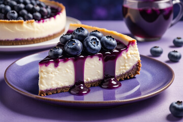 A cheesecake with Blueberry in Purple colored natural background

