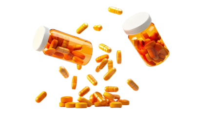 Falling Prescription Pill Bottles Isolated on White Background