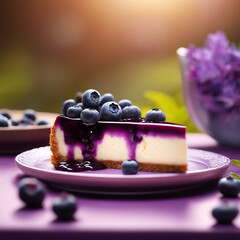 A cheesecake with Blueberry in Purple colored natural background

