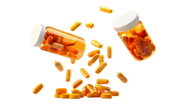 Falling Prescription Pill Bottles Isolated on White Background