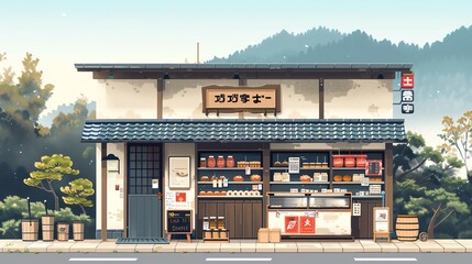 Obraz premium Traditional Japanese shop with a sign in Japanese, mountains in background