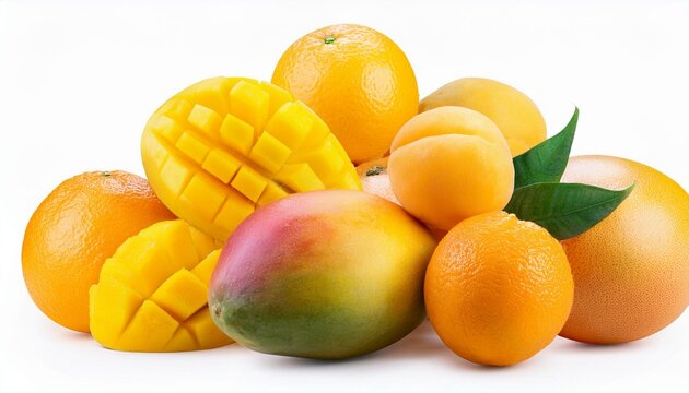 Sammlung von gelben und orangefarbenen Fr&uuml;chten in einem Stapel, Orangen, Aprikosen, Grapefruit, Papaya, Pfirsich, Mango, auf wei&szlig;em Hintergrund freigestellt