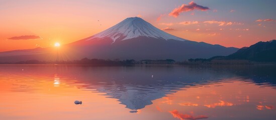 Mount Fuji at Sunset with Reflection in Lake