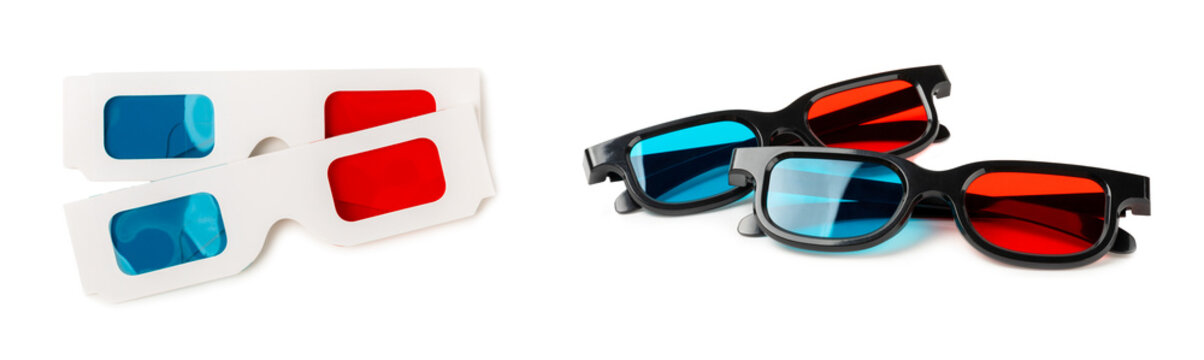 3D glasses isolated on white background. 3D Movie Glasses. Cinema and entertainment concept. Watching a movie. Design. Place for text.