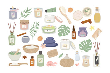 Spa, aromatherapy and wellness products. Massage salon items vector illustration. Scented candle, essential oil, diffuser, soap, stones, leaves and herbs. Natural eco cosmetic