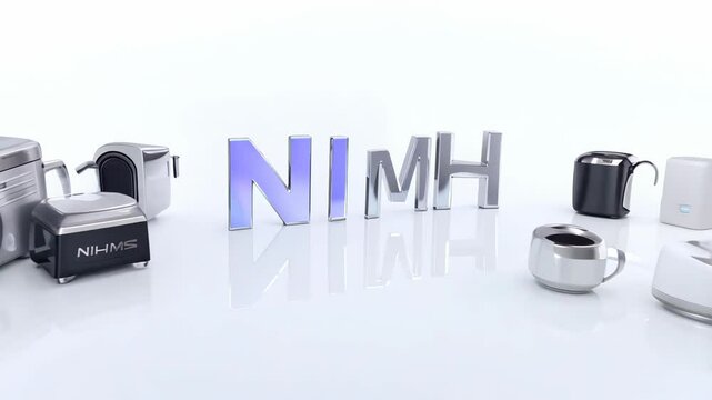The inscription "NiMH" on a light background with icons. Concept: batteries and energy storage technologies.