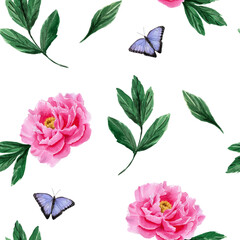 Seamless pattern with pink peony flower with green leaves and lilac butterfly. Watercolor illustration on white background for textile, fabric, print