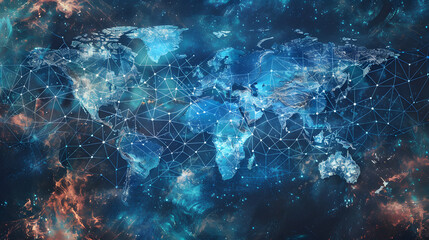 Obraz premium Digital world map planet Earth space global globe sky space 5G wireless network AI big data communication pathways science technology web internet connection transmission cyber cloud computing online