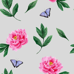 Seamless pattern with pink peony flower with green leaves and lilac butterfly. Watercolor illustration on gray background for textile, fabric, print